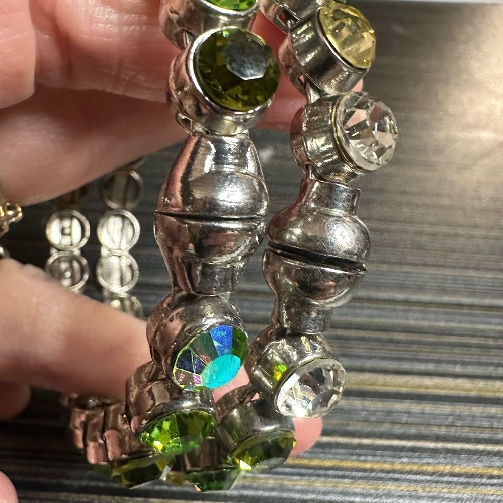 THREE GREEN & AB CRYSTAL SILVER & PERIDOT RHINESTONE MAGNETIC CLOSURE BRACELETS - Picture 8 of 11